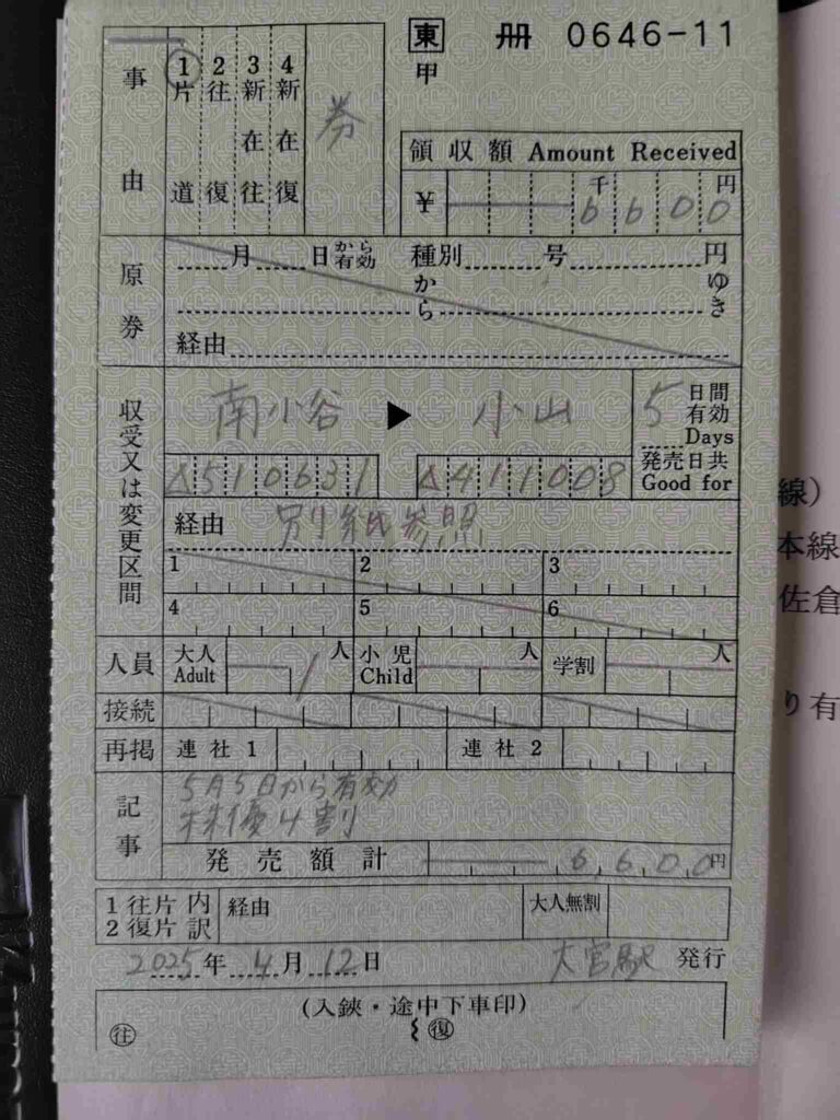 JR東日本株主優待券使用出札補充券表面